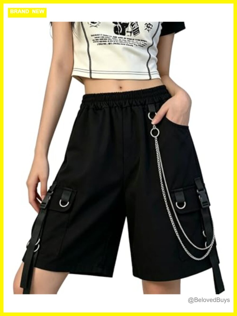 Kisswow Women's Baggy Cargo Shorts with Chain Pockets Elastic Waist